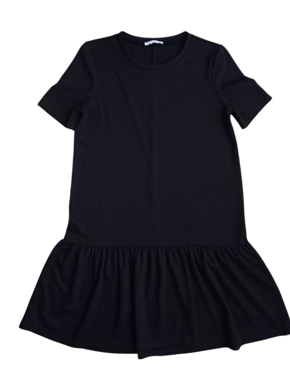 ZARA Black Drop Waist Mini Dress Size S Short Sleeve Minimalist Flowy Hem
